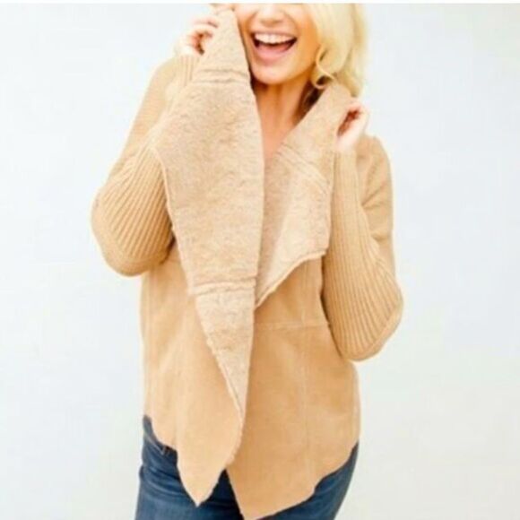 hazel Sweaters - Ladies Hazel Brand Gia Faux Suede and Knit Waterfall Cardigan Size Large